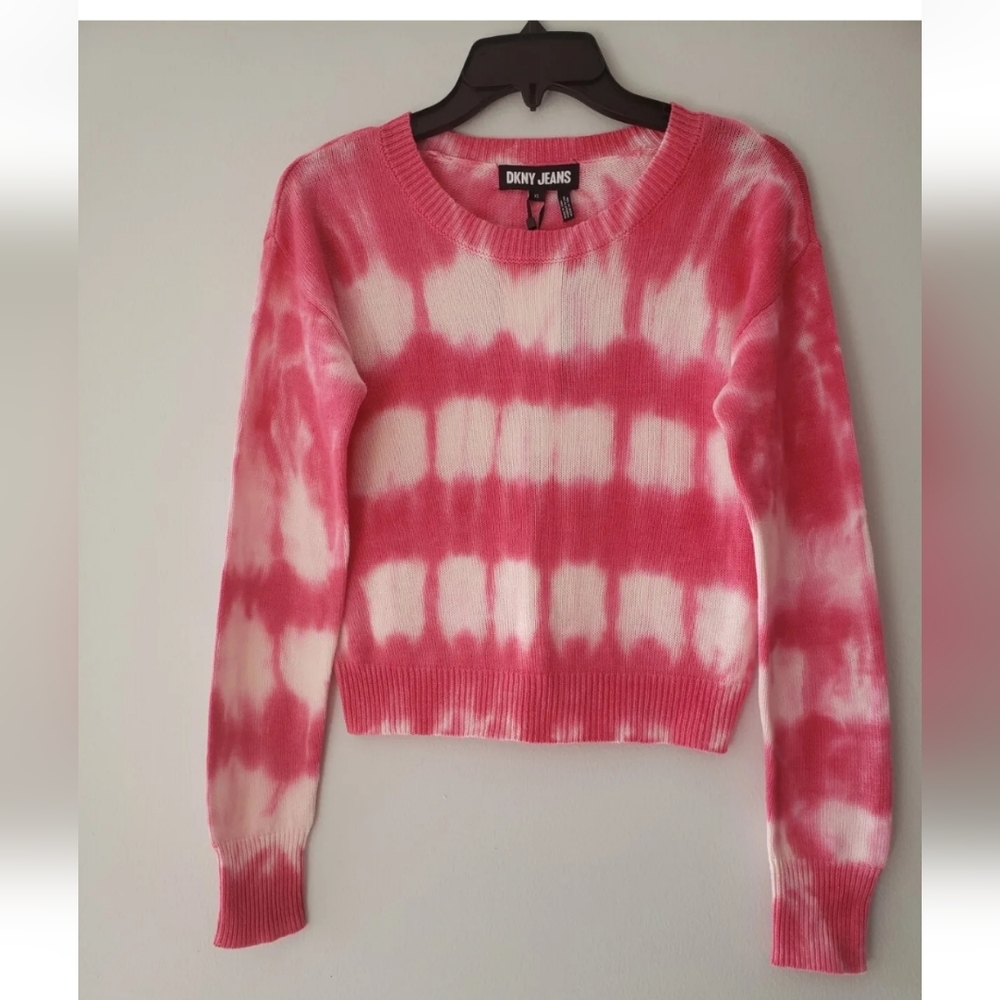 Dkny jeans womens pink white tie dye long sleeve crop sweater Size XS NWT